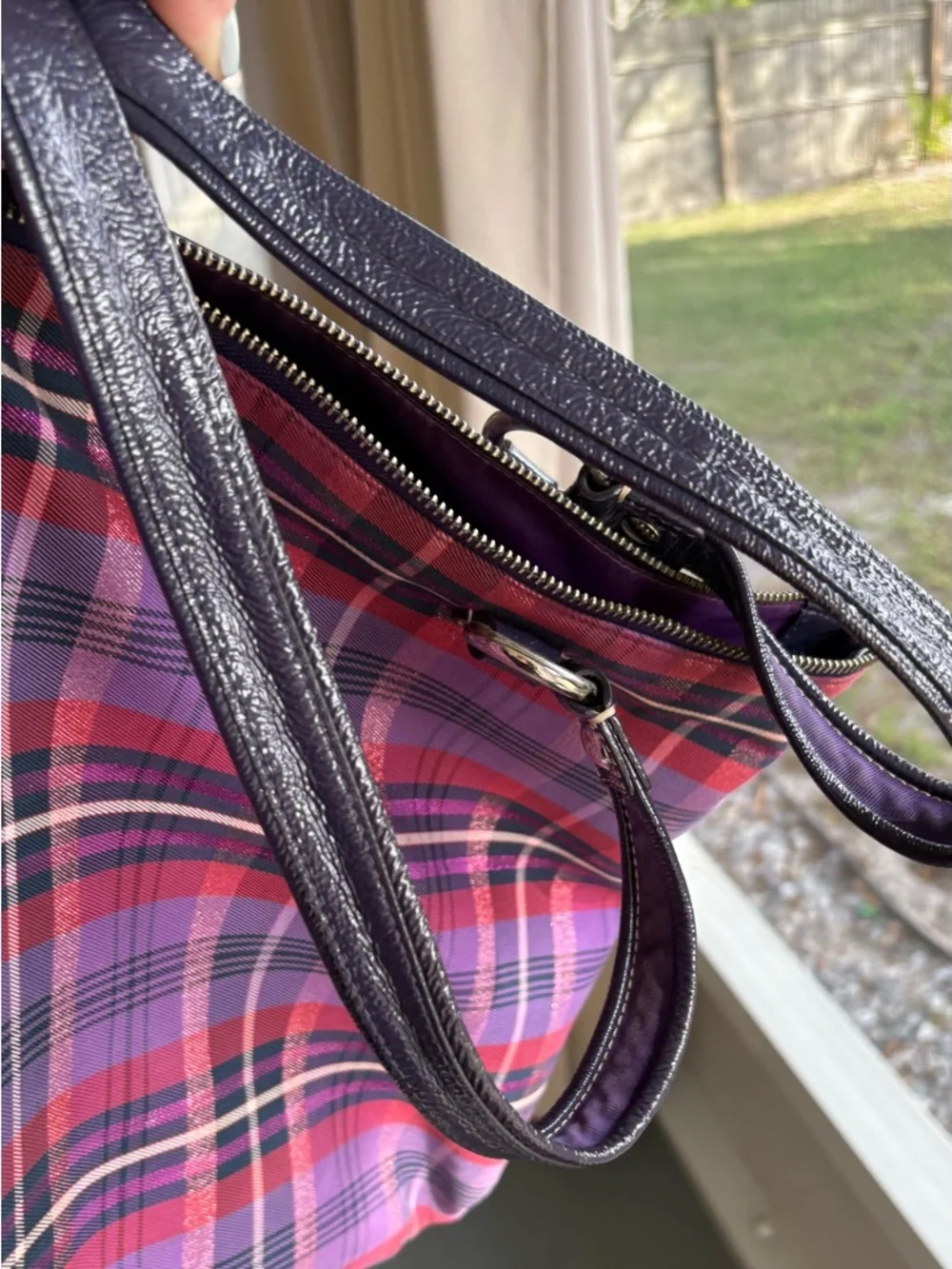 Coach Poppy Tartan Plaid Glam Tote +. Vertical Wristlet (Purple/Pink) 15886 - Picture 10 of 17
